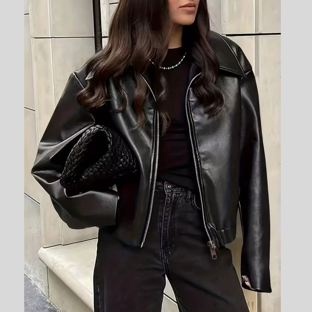 Oversized Faux Leather Zip Up Moto Jacket