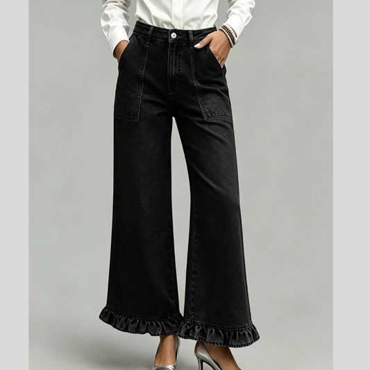 High-Waisted Wide-Leg Ruffle Hem Jeans