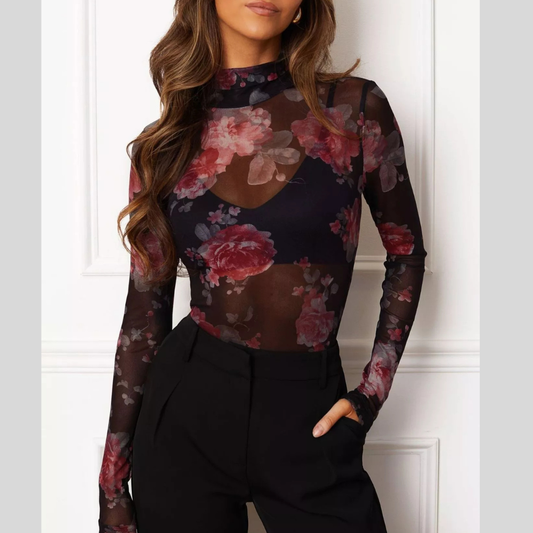 Floral Print Sheer Mesh Long Sleeve Mock Neck Top