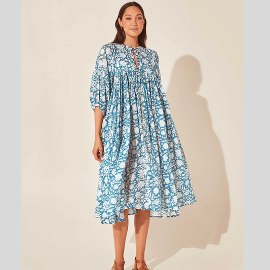 Floral Tie Neck Lantern Sleeve Dress