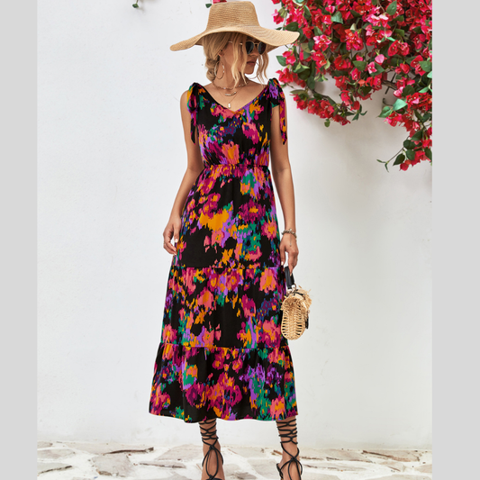 Multicolored V-Neck Backless Midi Dress