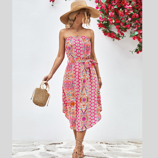 Printed Strapless Tie Belt Dress