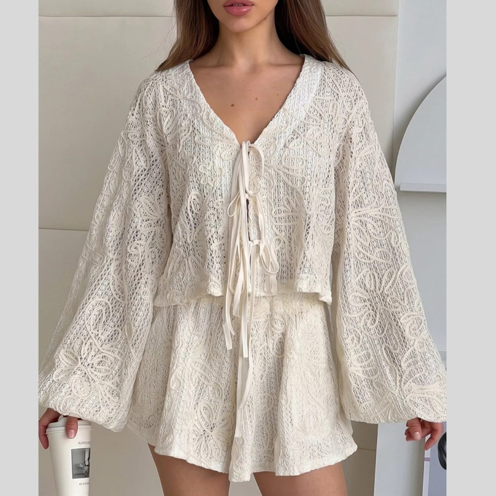 Lace Crochet Tie Front Top and Shorts Two-Piece Lounge Set
