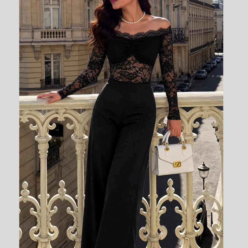 Off-Shoulder Lace Long Sleeve Wide-Leg Jumpsuit