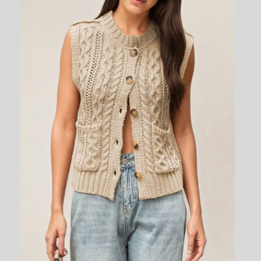 Cable-Knit Button-Down Sweater Vest