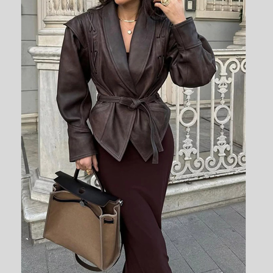 Belted Leather Jacket with Shawl Collar