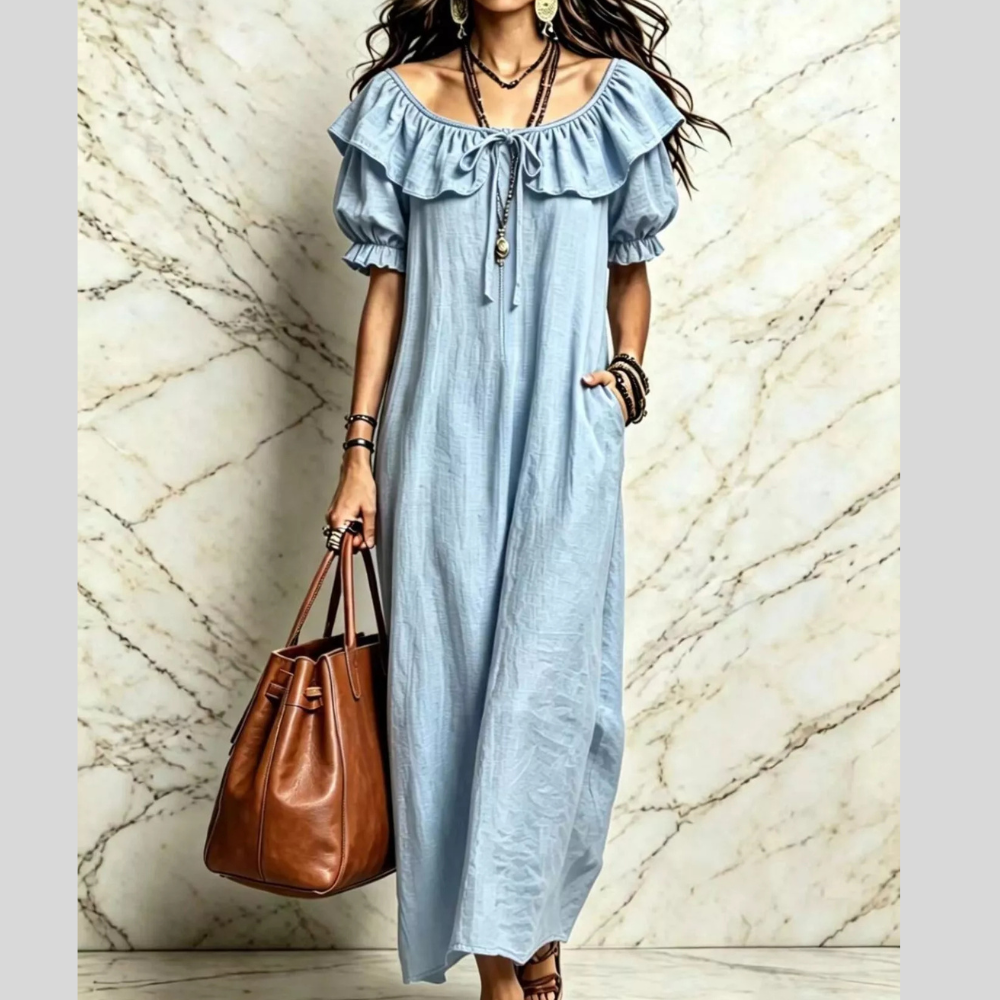 Ruffle Trim Puff Sleeve Maxi Dress