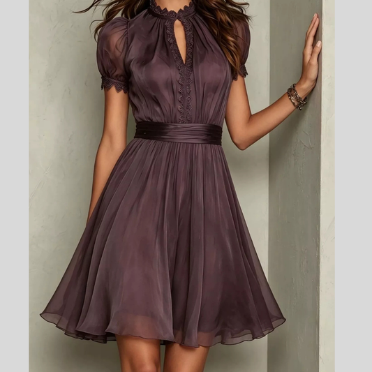 Full Size Lace Trim Puff Sleeve A-Line Dress Plus Size
