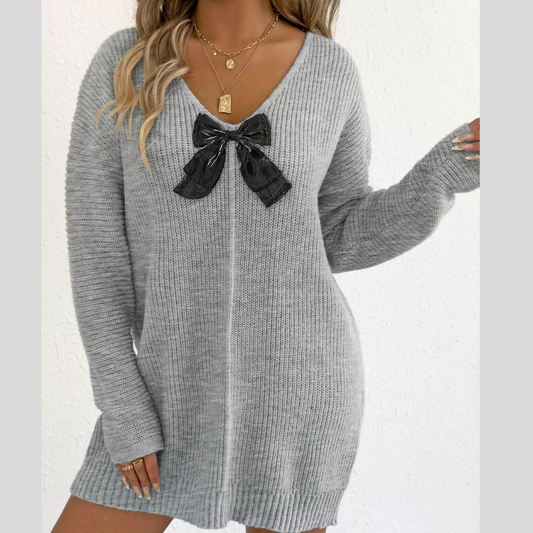 Bow Ribbed Knit Sweater Dress