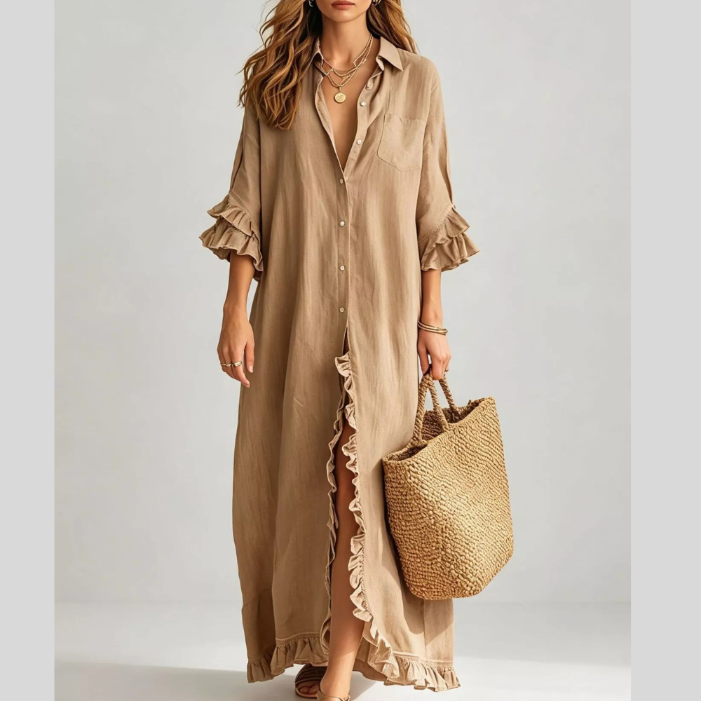 Full Size Ruffled Trim Button-Down Maxi Shirt Dress Plus Size