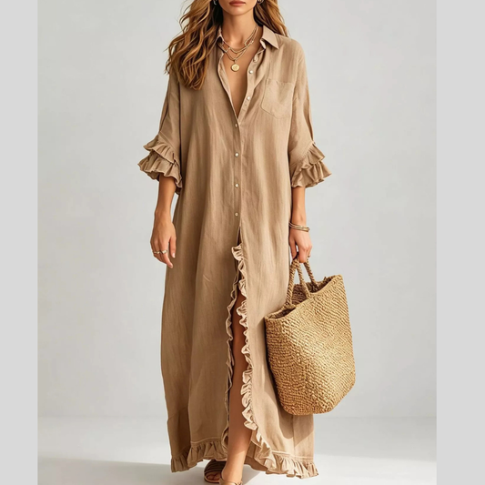 Full Size Ruffled Trim Button-Down Maxi Shirt Dress Plus Size