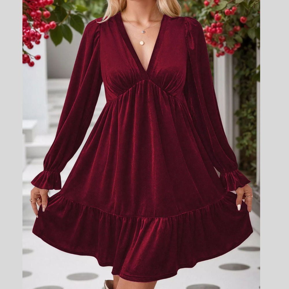 Velvet V-Neck Long Sleeve Ruffle Hem Mini Dress