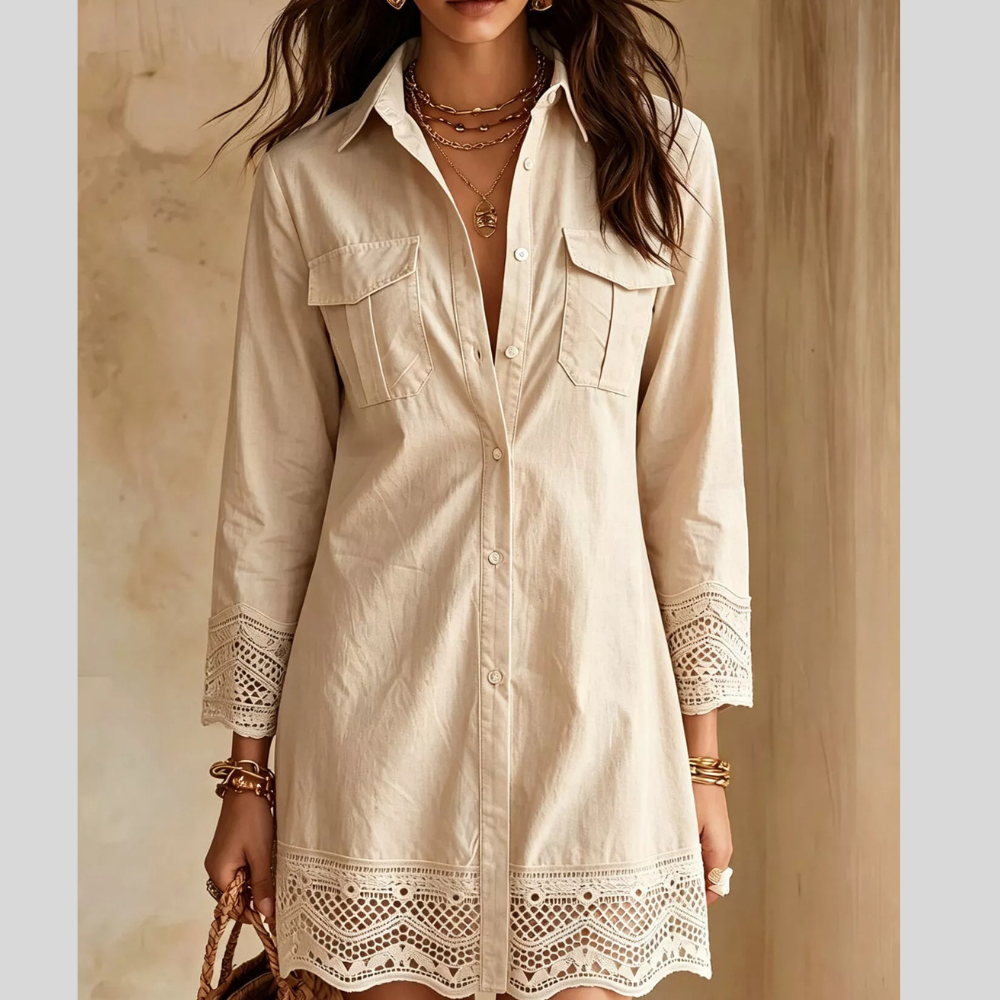 Button-Down Shirt Dress with Lace Trim