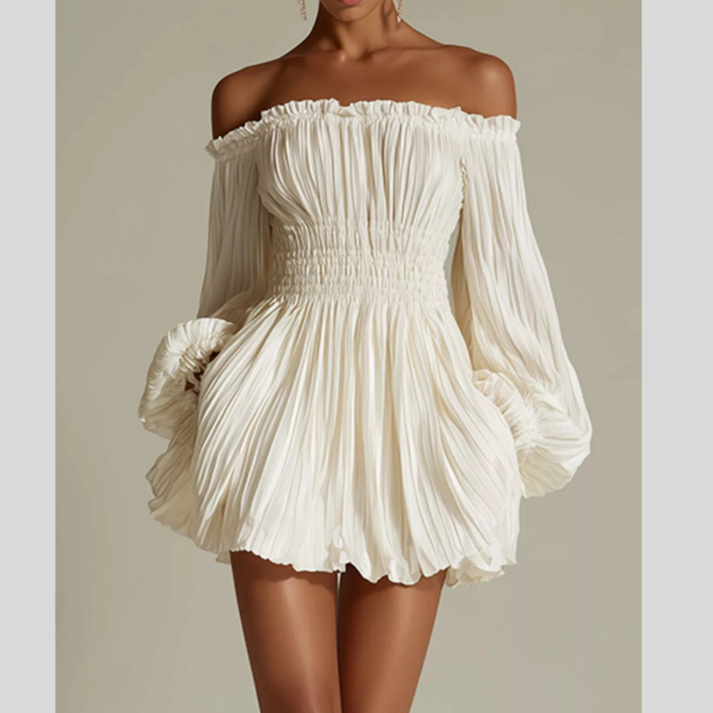 Off-Shoulder Pleated Mini Dress