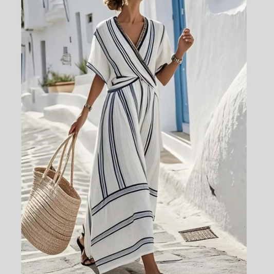 Full Size Striped Surplice Half Sleeve Midi Dress Plus Size