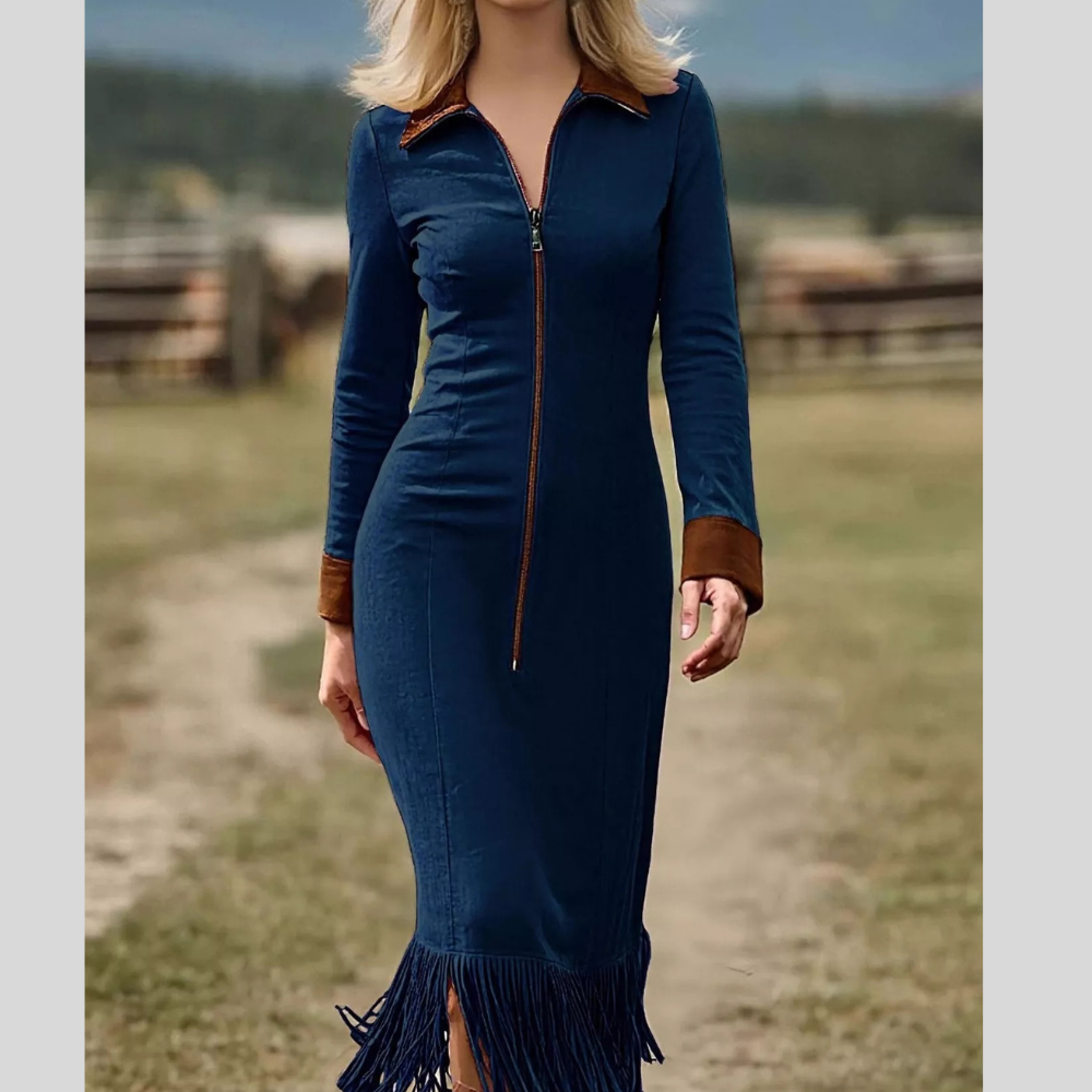 Full Size Fringe Hem Zip Front Midi Dress Plus Size