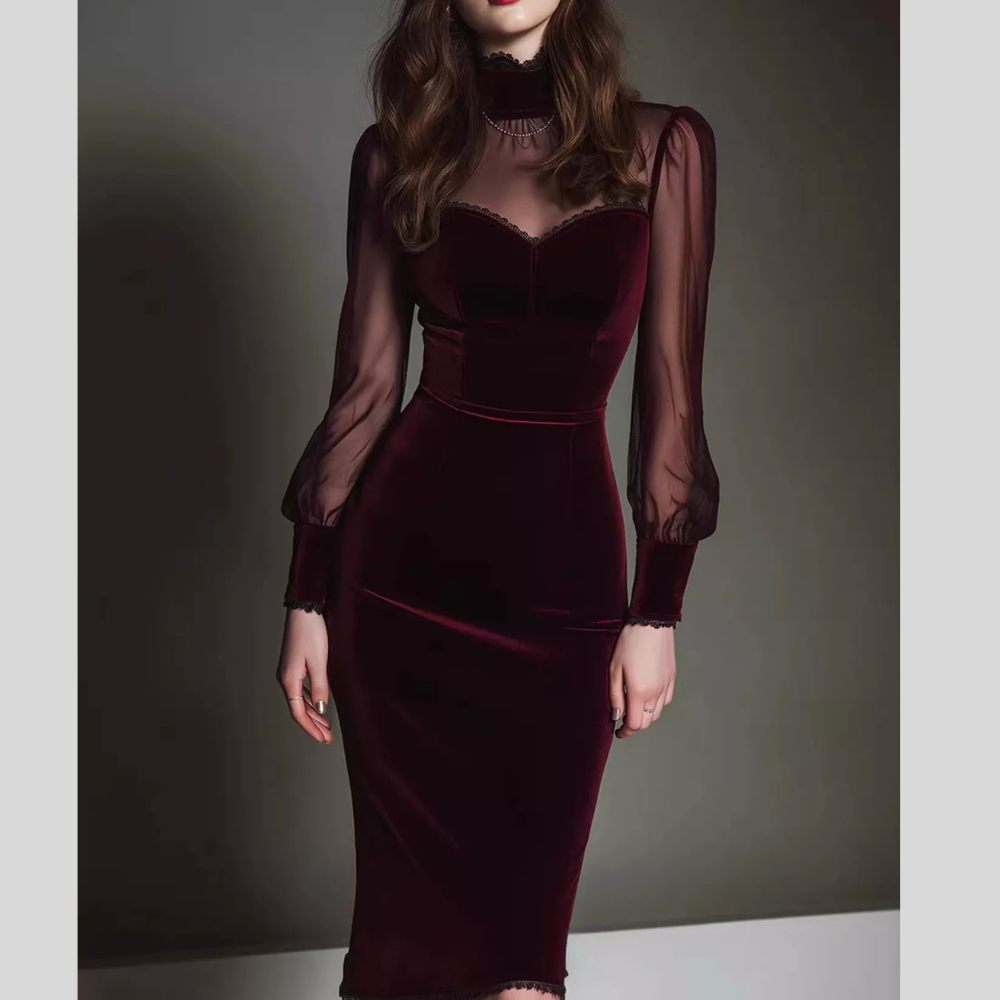 Velvet Bodycon Dress with Sheer Mesh Sleeves