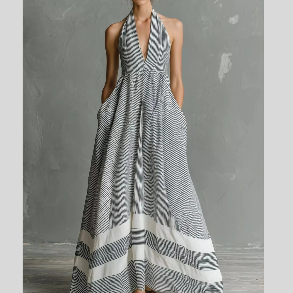 Full Size Striped Halter Neck Maxi Dress with Pockets Plus Size