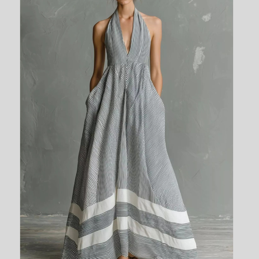 Full Size Striped Halter Neck Maxi Dress with Pockets Plus Size