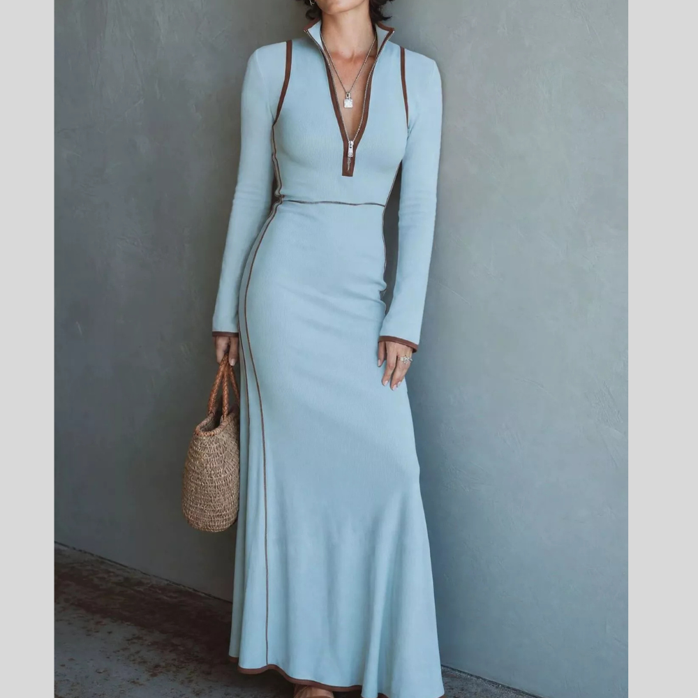 Full Size Contrast Trim Zip-Up Long Sleeve Knit Maxi Dress Plus Size