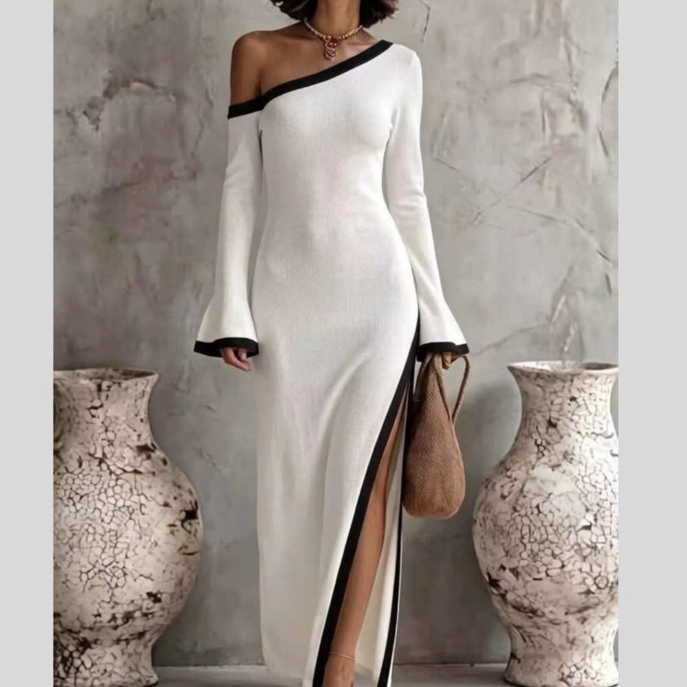 Slit One-Shoulder Contrast Trim Maxi Dress