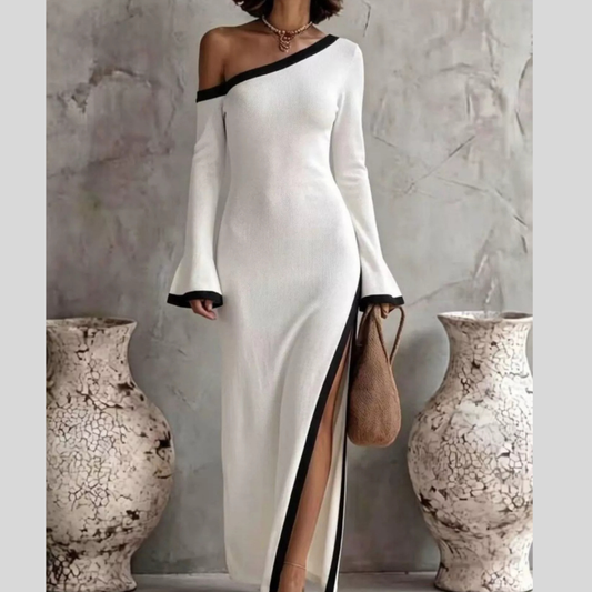 Slit One-Shoulder Contrast Trim Maxi Dress