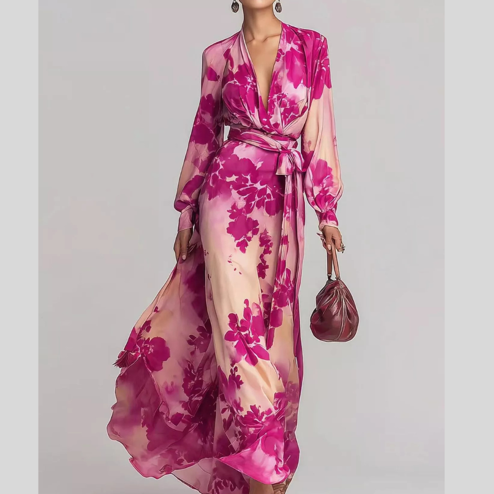 Floral Print Maxi Dress with Waist-Tie Detail
