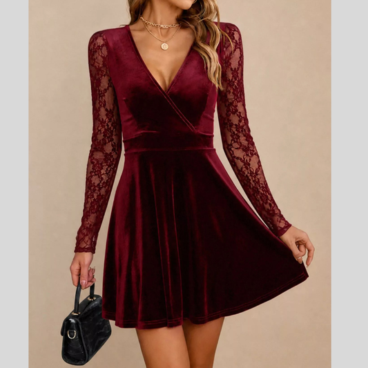 Velvet Lace Long Sleeve Mini Dress