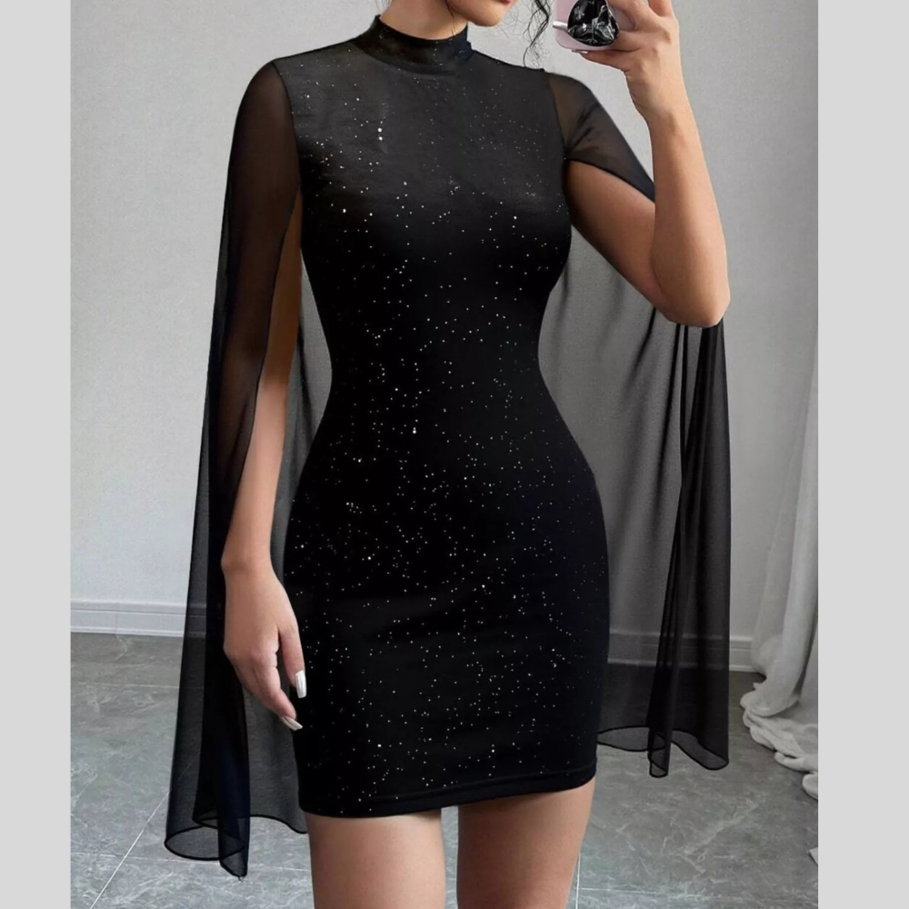Glitter Mesh Slit Sleeve Bodycon Mini Dress