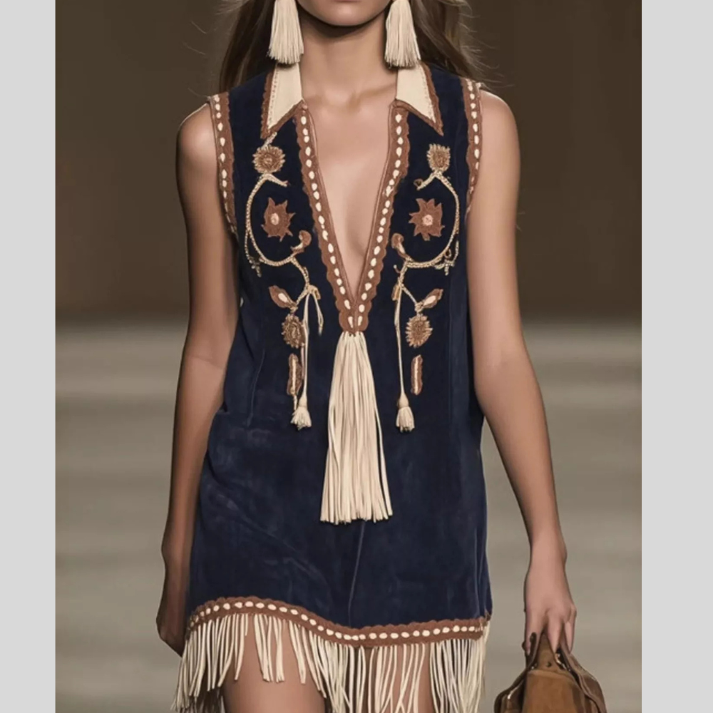 Full Size Embroidered Fringe Hem Sleeveless Dress Plus Size
