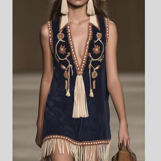 Full Size Embroidered Fringe Hem Sleeveless Dress Plus Size
