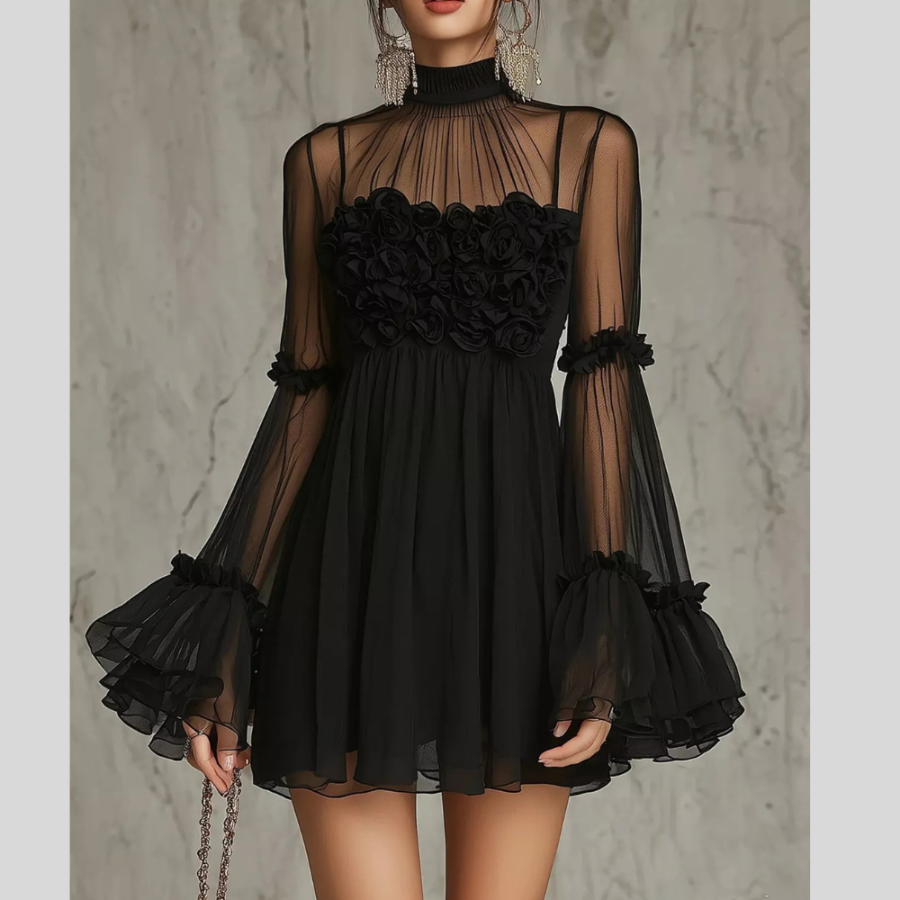 Sheer Mesh Rose Applique Mini Dress