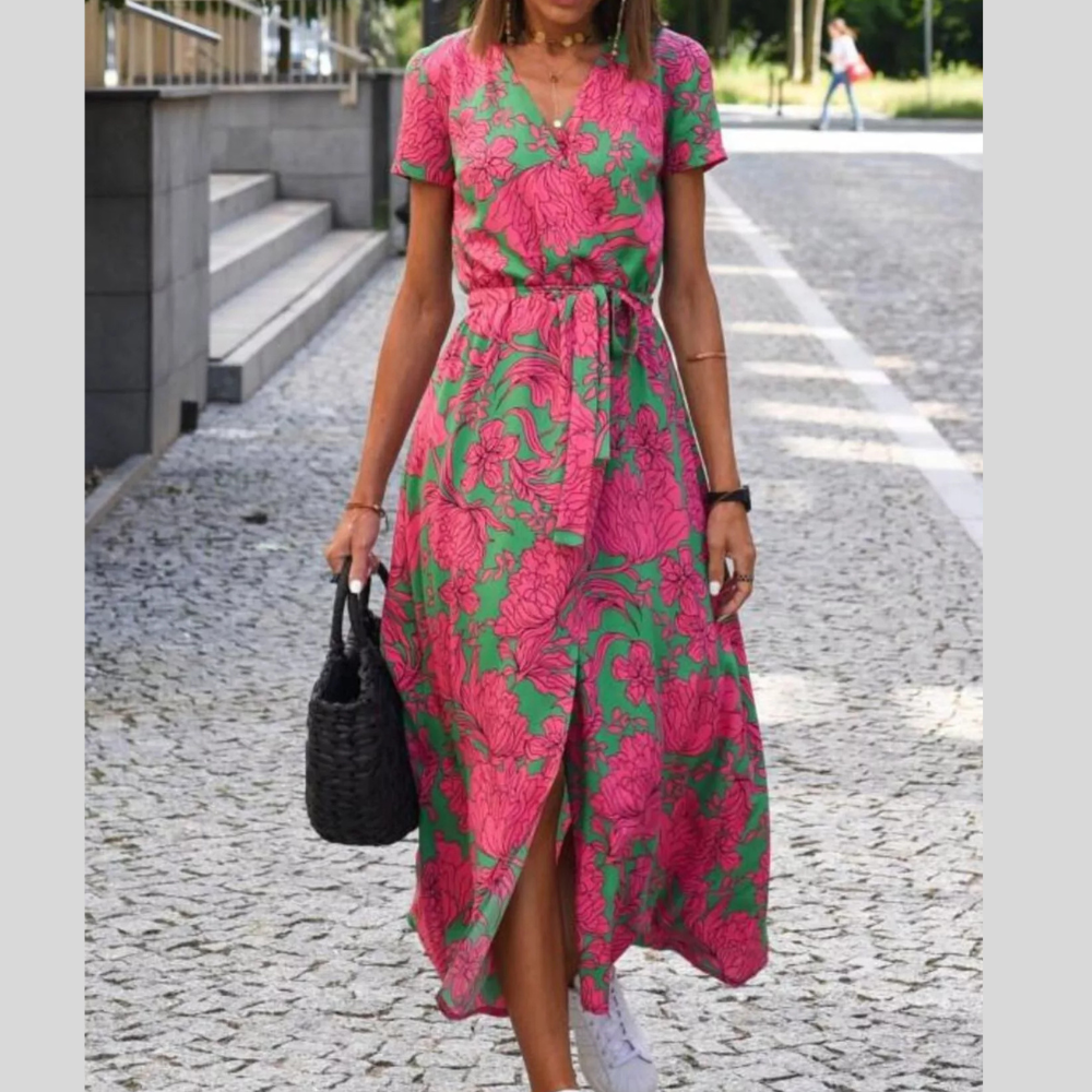 Full Size Slit Floral Print Short Sleeve Dress Plus Size