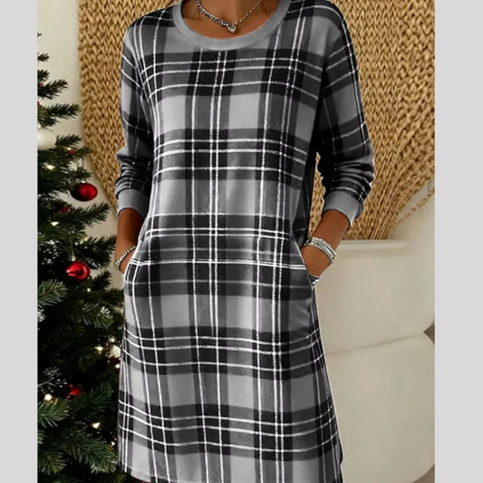Full Size Plaid Long Sleeve Crew Neck Dress with Pockets Plus Size