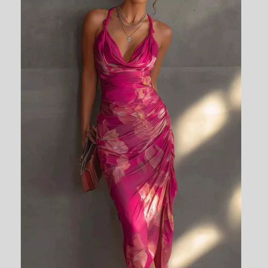 Floral Print Halter Neck Ruched Midi Dress