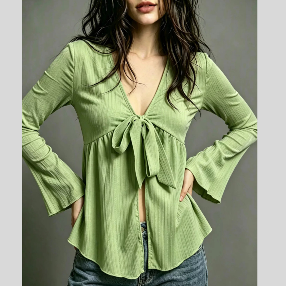 Tie-Front Flare Sleeve Blouse