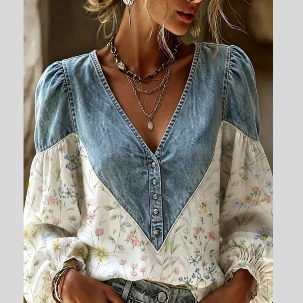 Full Size Denim Patchwork Floral Denim Top Plus Size