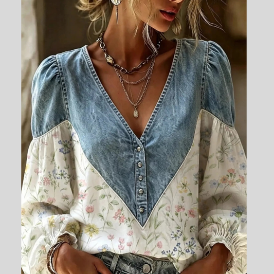 Full Size Denim Patchwork Floral Denim Top Plus Size