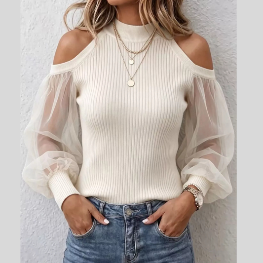 Full Size Cold Shoulder Sheer Mesh Sleeves Top Plus Size