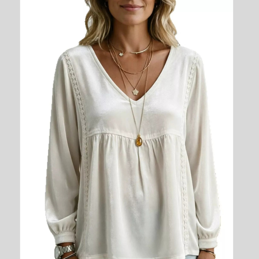 Full Size V-Neck Long Sleeve Velvet Blouse with Lace Trim Plus Size
