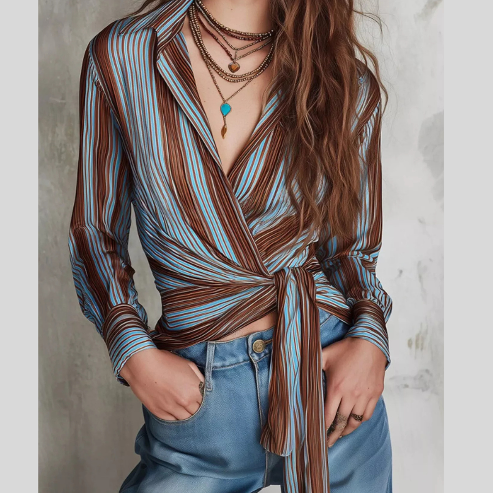 Striped Wrap Shirt with Tie-Front Detail