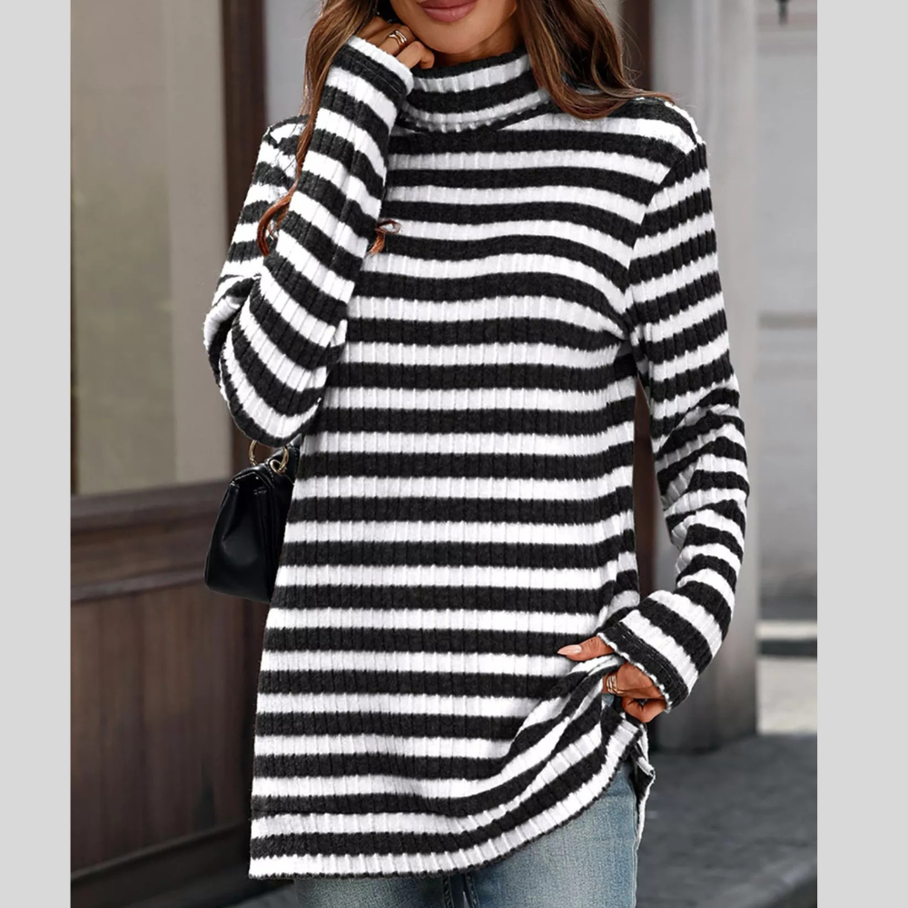 Striped Ribbed Knit Turtleneck Long Sleeve T-Shirt