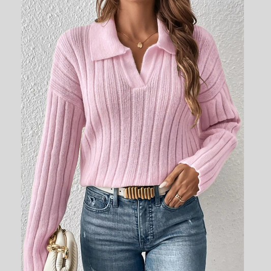Ribbed Knit Polo Collar Casual Sweater