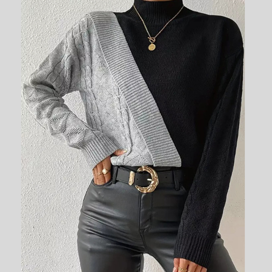 Color Block Cable Knit Mock Neck Sweater
