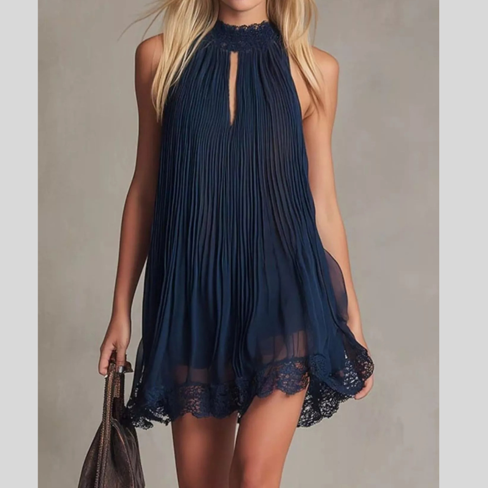 Pleated Lace Trim Sleeveless Mini Dress