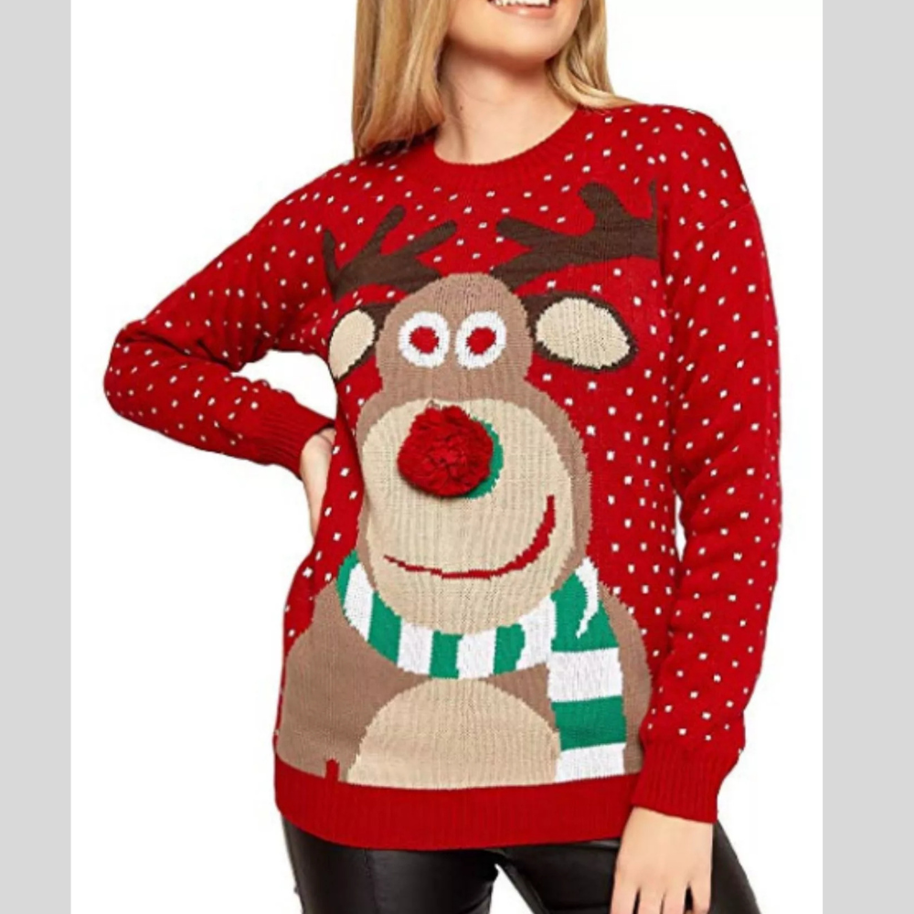 Christmas Reindeer Graphic Round Neck Sweater