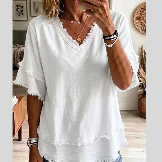 Full Size Frayed Edge V-Neck Blouse Plus Size