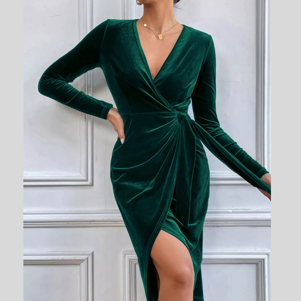 Velvet Wrap Long Sleeve Midi Dress