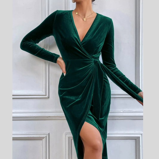 Velvet Wrap Long Sleeve Midi Dress