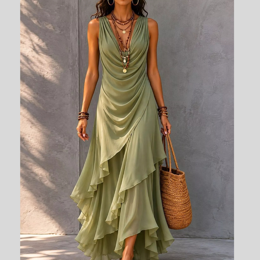 Sleeveless Layered Ruffle Hem Maxi Dress